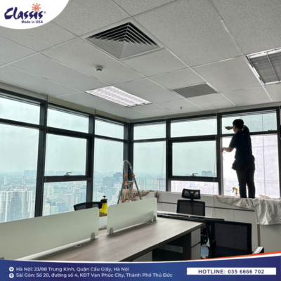 Thi công phim cách nhiệt tại góc kính văn phòng Kanetora Hà Nội