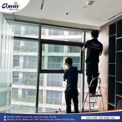Quá trình hoàn thiện dán phim cách nhiệt cửa kính văn phòng