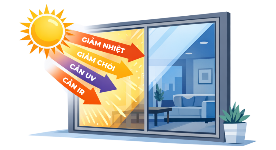các chỉ số phim cách nhiệt cửa kính nhà gồm TSER VLT UV IR