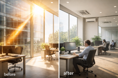 so sánh phim cách nhiệt văn phòng trước và sau khi dán 